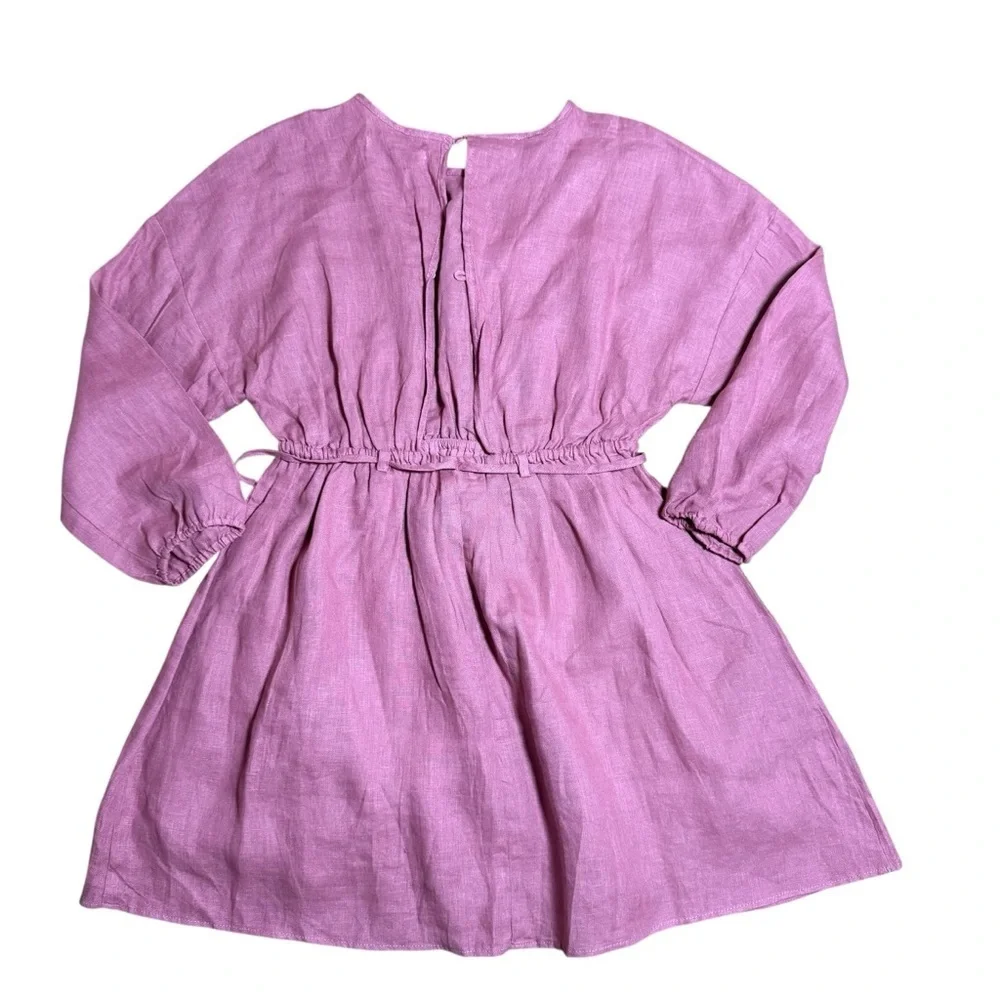 Zara Kids Girls Cut Out Belted Long Sleeve Linen Dress in Dark Pink- Size 11-12Y
